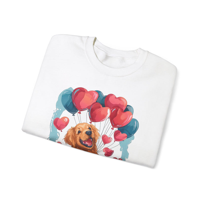 Pawsitively in Love Golden Retriever Unisex Crewneck Sweatshirt – Valentine's Day Heart Balloons Design