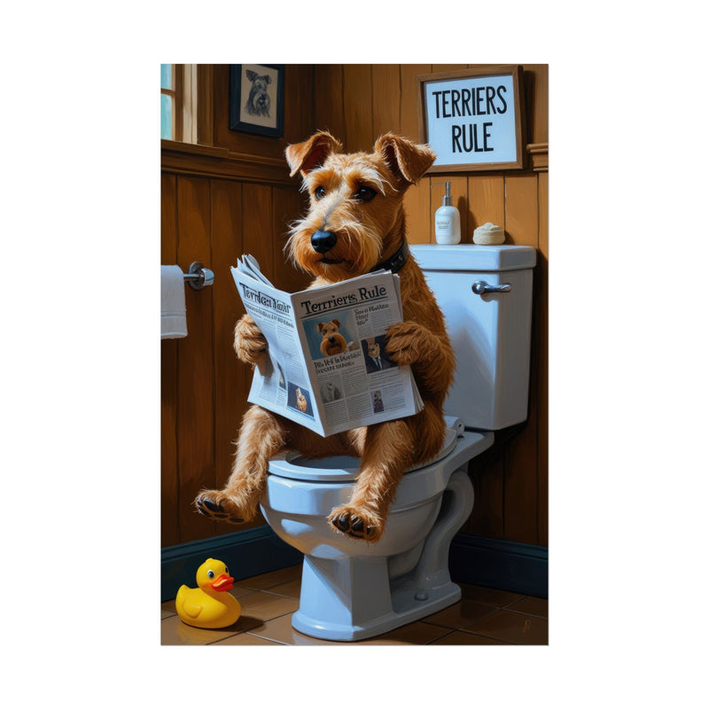 Funny Airedale Terrier Bathroom Poster – Dog Sitting on Toilet Reading Newspaper | Humorous Dog Wall Art for Bathroom Decor