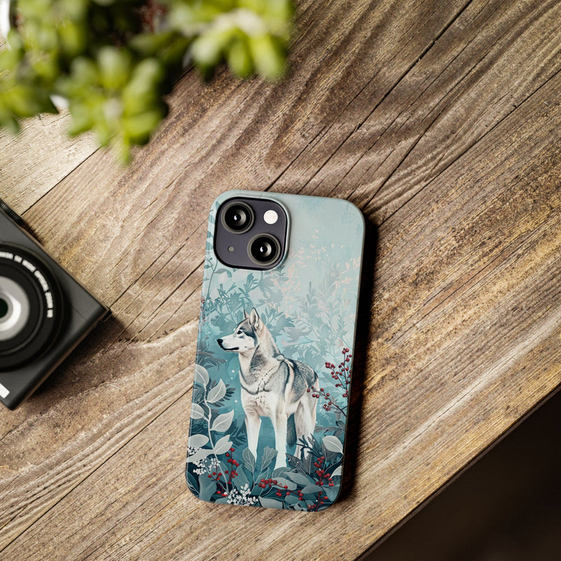 Siberian Husky with Flowers Slim iPhone Cases