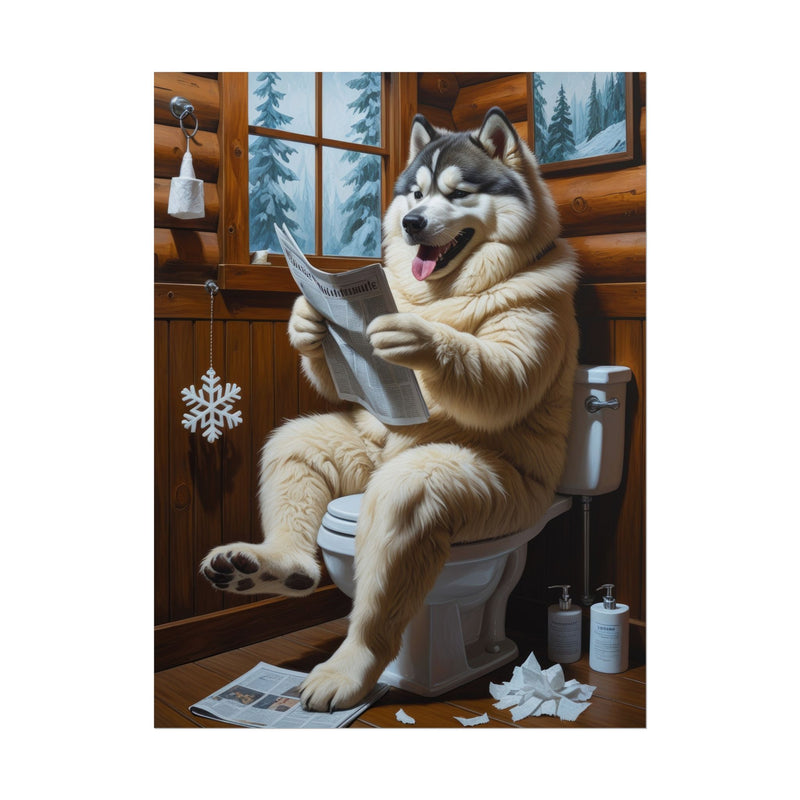 Funny Alaskan Malamute Bathroom Poster – Dog Sitting on Toilet Reading Newspaper | Humorous Dog Wall Art for Bathroom Decor