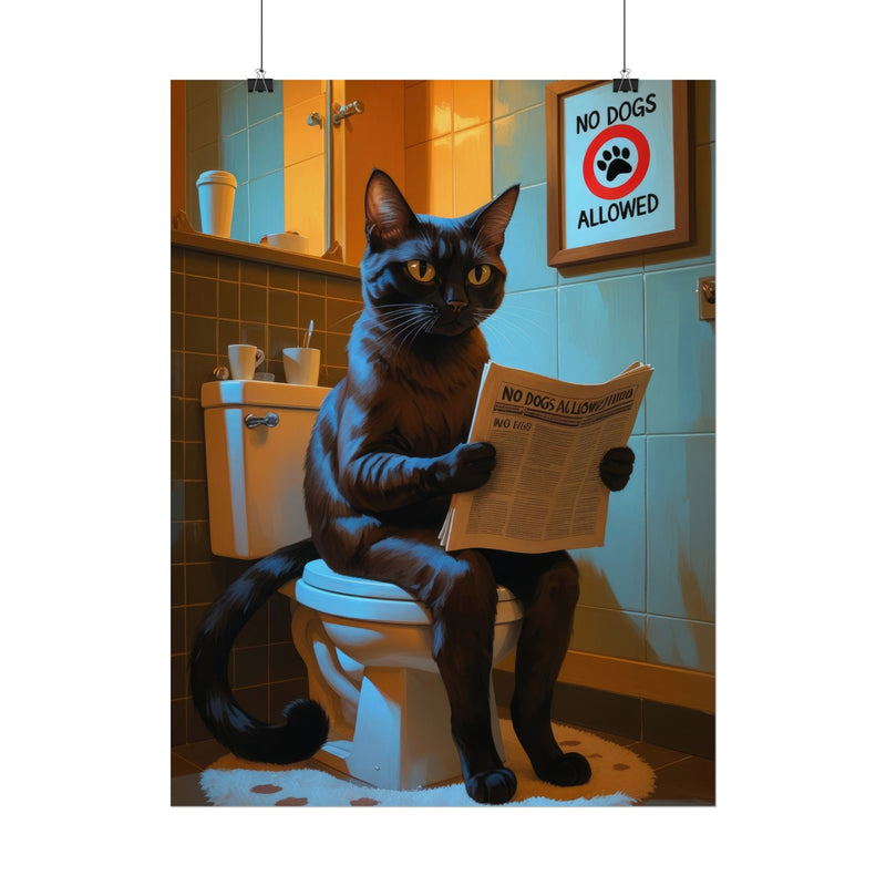 Funny Abyssinian Cat Bathroom Poster – Cat Sitting on Toilet Reading Newspaper | Humorous Cat Wall Art for Bathroom Decor