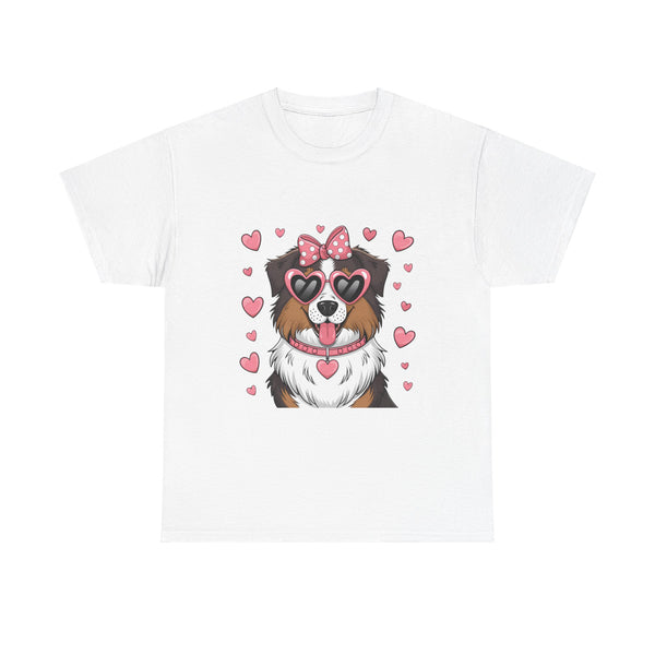 Australian Shepherd with Pink Hearts Valentine's Day Unisex Heavy Cotton Tee