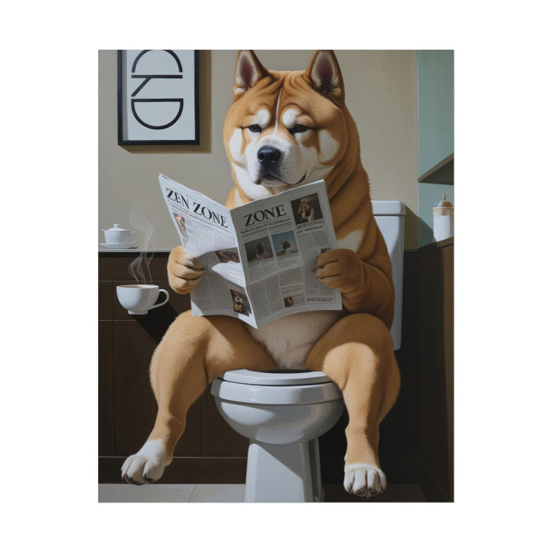 Funny Akita Bathroom Poster – Dog Sitting on Toilet Reading Newspaper | Humorous Dog Wall Art for Bathroom Decor