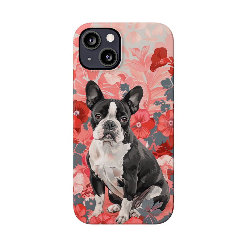 Boston Terrier with Flowers iPhone Slim Phone Cases