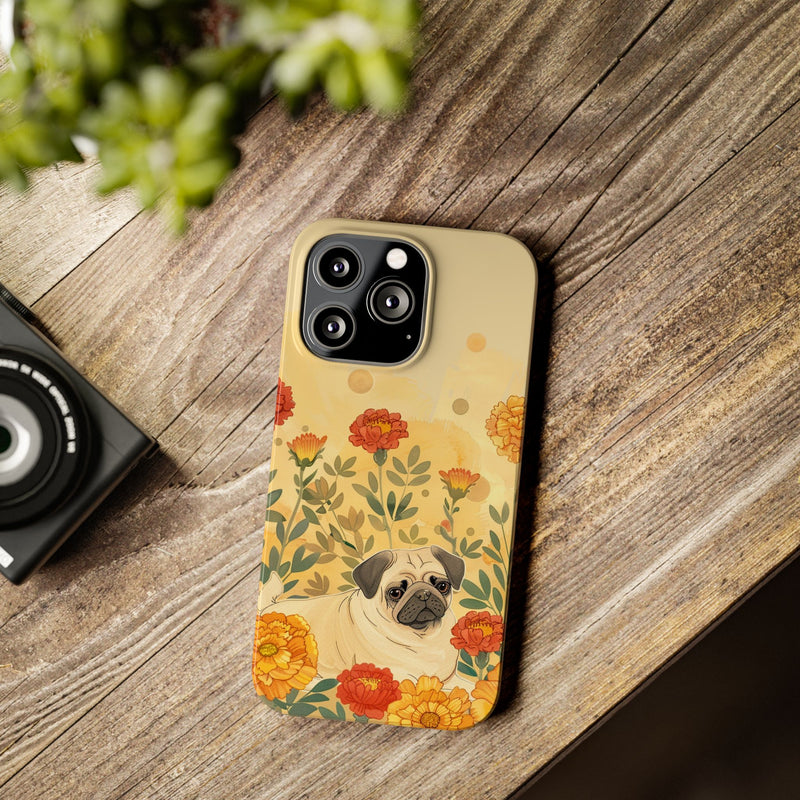 Pug with Flowers Slim iPhone Cases