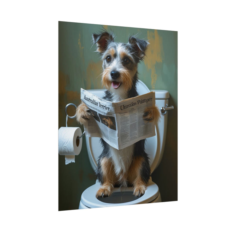 Funny Australian Terrier Bathroom Poster – Dog Sitting on Toilet Reading Newspaper | Humorous Dog Wall Art for Bathroom Decor
