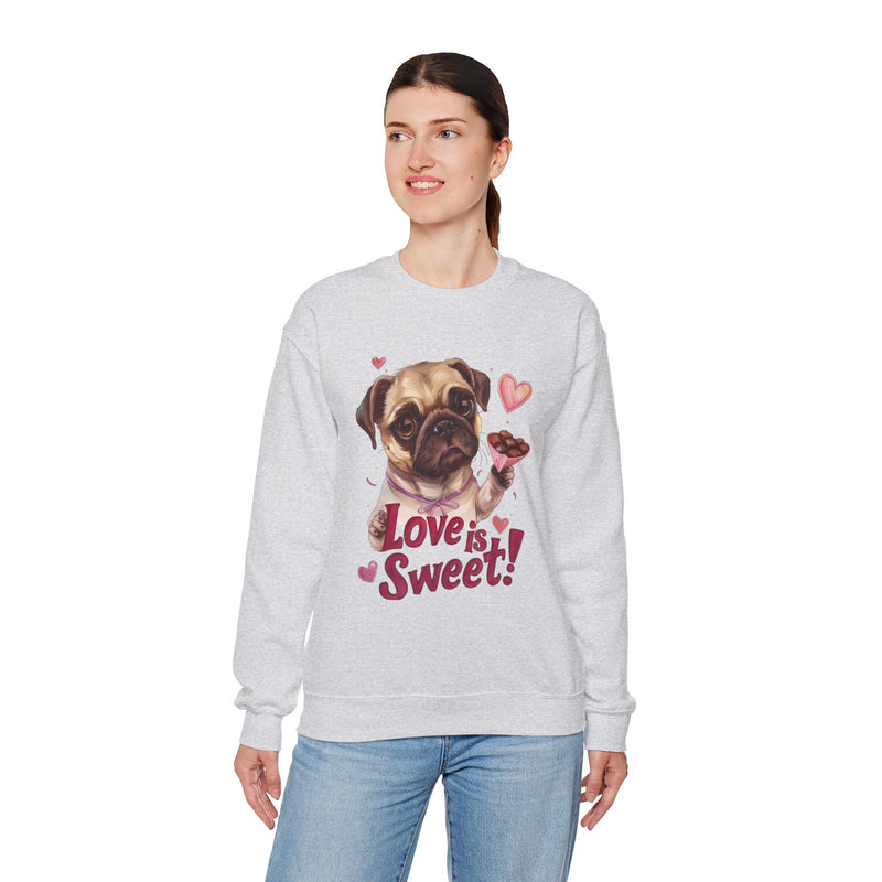 Love is Sweet Pug Unisex Crewneck Sweatshirt – Heart-Shaped Chocolates Design - Pug Lovers Valentine's Day Gift