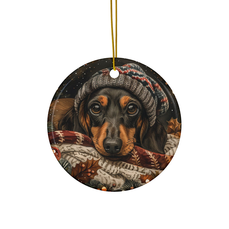 Dachshund Christmas Ornament – 3D Watercolor Holiday Design with Festive Hat, Cozy Scene, Warm Blankets, and Holly Leaves