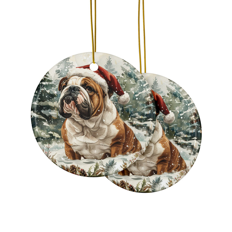 English Bulldog Christmas Ornament – 3D Watercolor Holiday Design with Santa Hat in Snowy Scene with Christmas Trees and Garlands