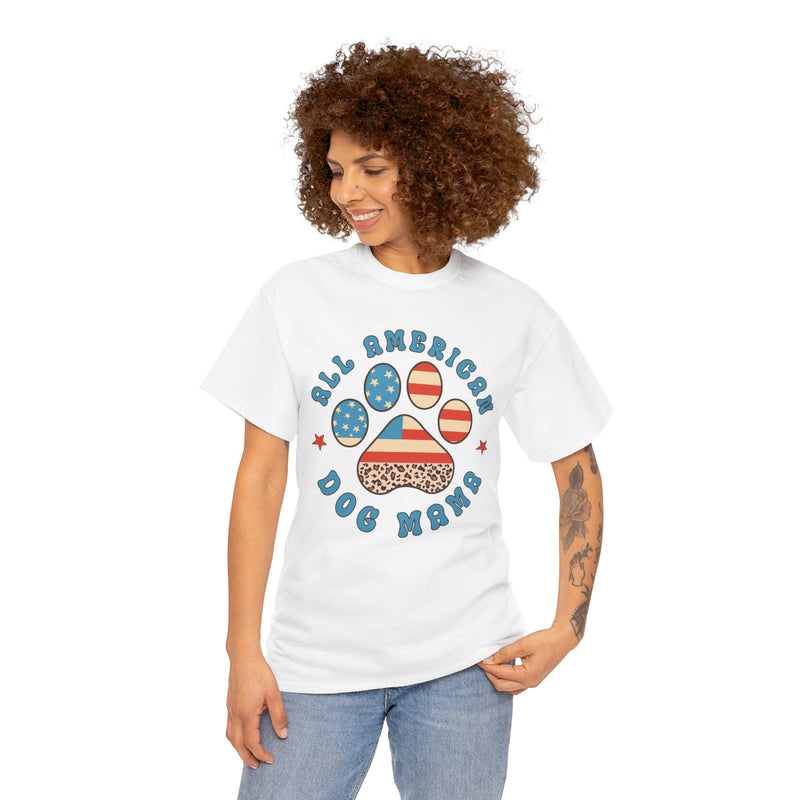 All American Dog Mama Heavy Cotton Tee | American Flag Paw Print Dog Mama Shirt