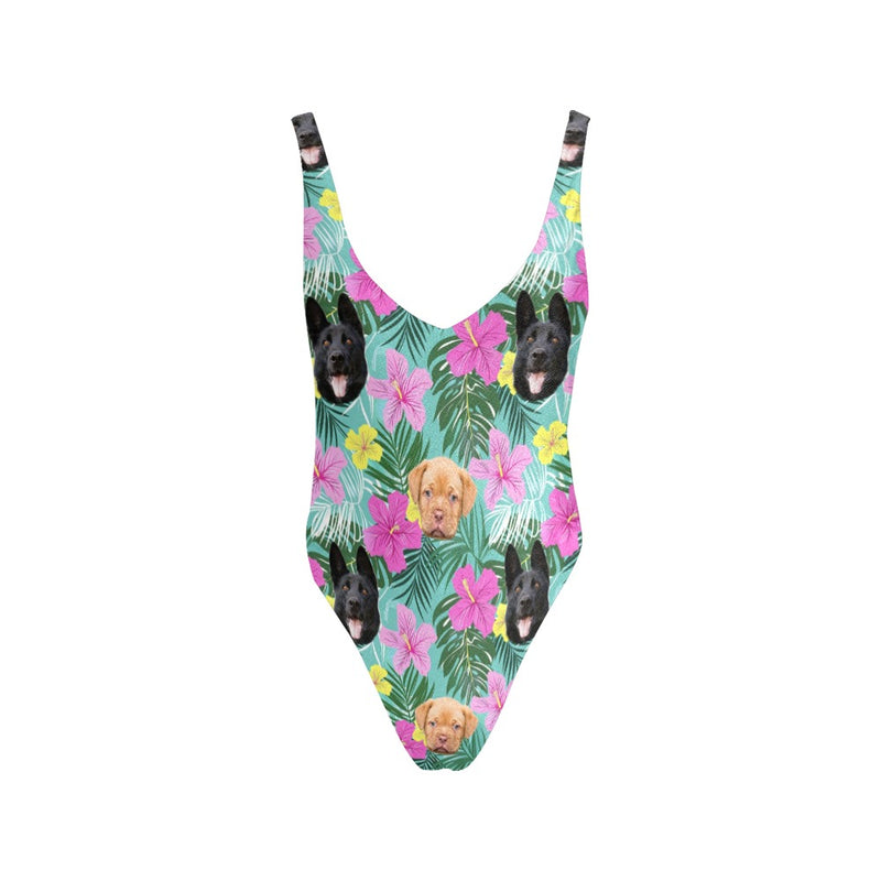 Personalized Sexy Low Back One-Piece Swimsuit with Pet Faces & Summer Patterns, Custom Faces Bikini