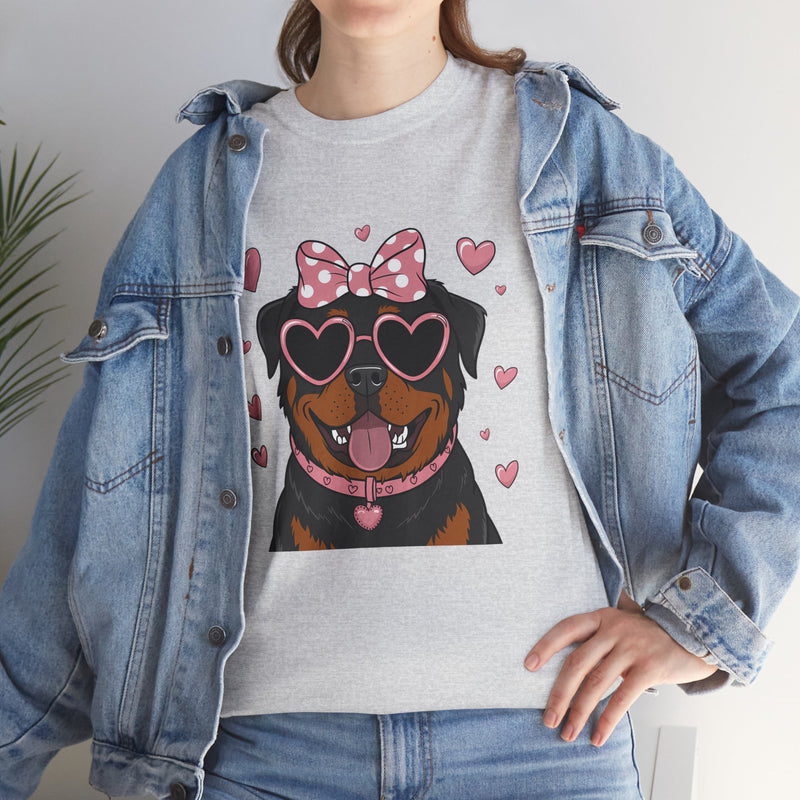 Rottweiler with Pink Hearts Valentine's Day Unisex Heavy Cotton Tee