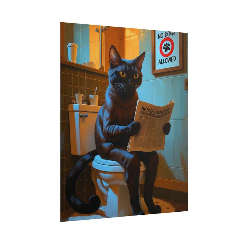 Funny Abyssinian Cat Bathroom Poster – Cat Sitting on Toilet Reading Newspaper | Humorous Cat Wall Art for Bathroom Decor