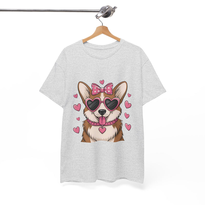 Corgi with Pink Hearts Valentine's Day Unisex Heavy Cotton Tee