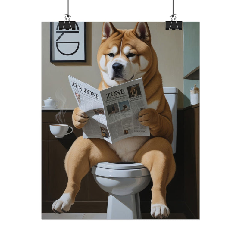 Funny Akita Bathroom Poster – Dog Sitting on Toilet Reading Newspaper | Humorous Dog Wall Art for Bathroom Decor