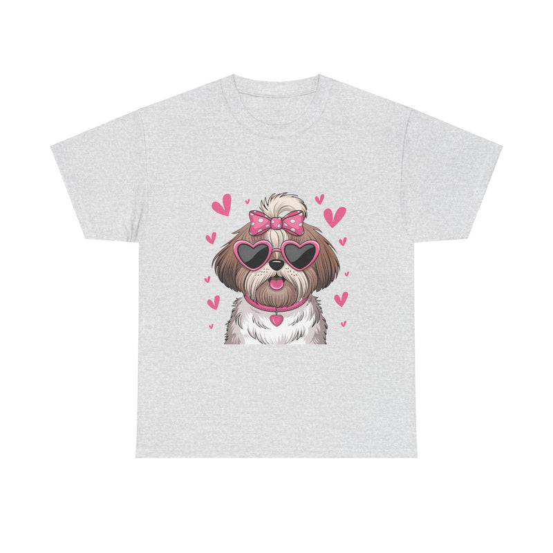 Shih Tzu with Pink Hearts Valentine's Day Unisex Heavy Cotton Tee