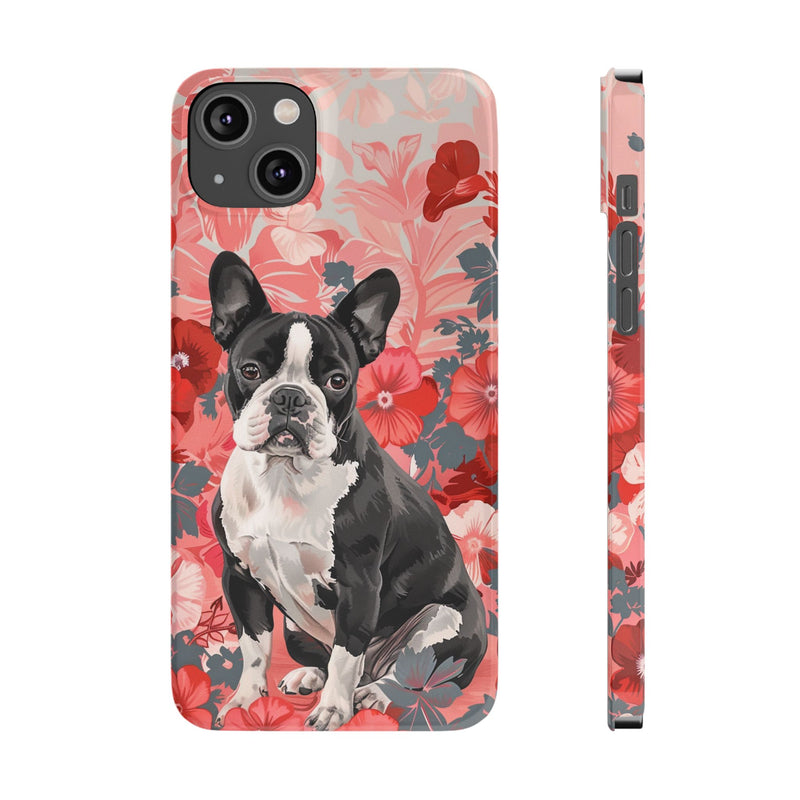 Boston Terrier with Flowers iPhone Slim Phone Cases