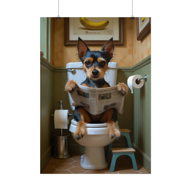 Funny Affenpinscher Bathroom Poster – Dog Sitting on Toilet Reading Newspaper | Humorous Dog Wall Art for Bathroom Decor