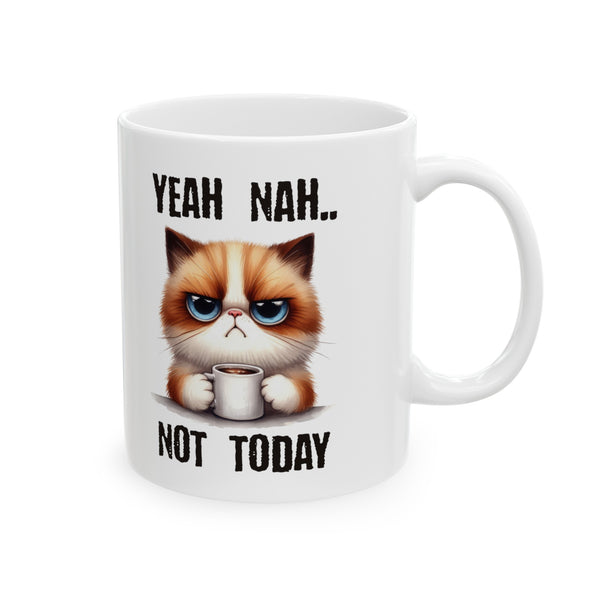 Cat illustration on coffee mug mockup with funny text Yeah Nah Not Today