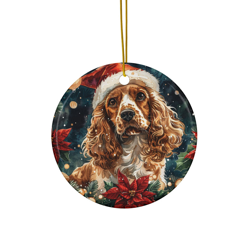 Cocker Spaniel Christmas Ornament – 3D Watercolor Holiday Design with Santa Hat Inside Wreath Decorated with Poinsettias and Golden Bells