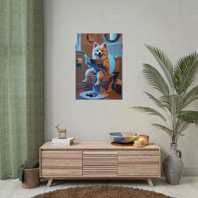 Funny American Eskimo Dog Bathroom Poster – Dog Sitting on Toilet Reading Newspaper | Humorous Dog Wall Art for Bathroom Decor