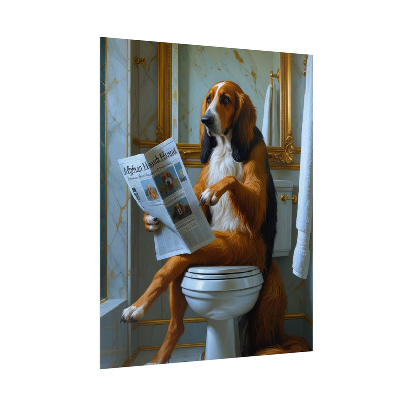 Funny Afghan Hound Bathroom Poster – Dog Sitting on Toilet Reading Newspaper | Humorous Dog Wall Art for Bathroom Decor