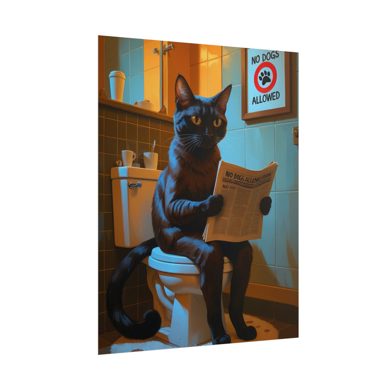 Funny Abyssinian Cat Bathroom Poster – Cat Sitting on Toilet Reading Newspaper | Humorous Cat Wall Art for Bathroom Decor