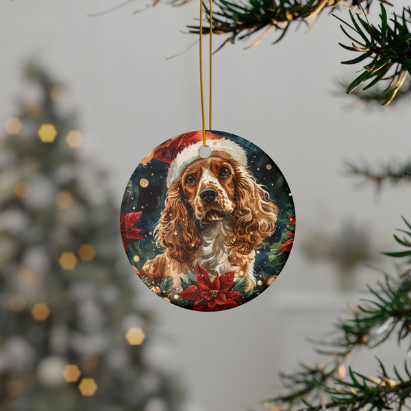 Cocker Spaniel Christmas Ornament – 3D Watercolor Holiday Design with Santa Hat Inside Wreath Decorated with Poinsettias and Golden Bells