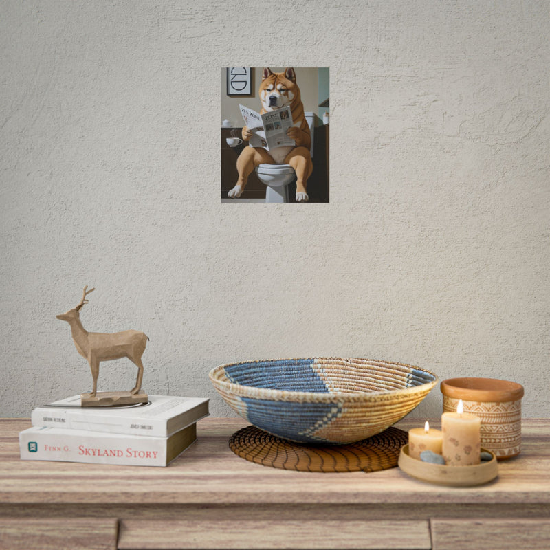 Funny Akita Bathroom Poster – Dog Sitting on Toilet Reading Newspaper | Humorous Dog Wall Art for Bathroom Decor