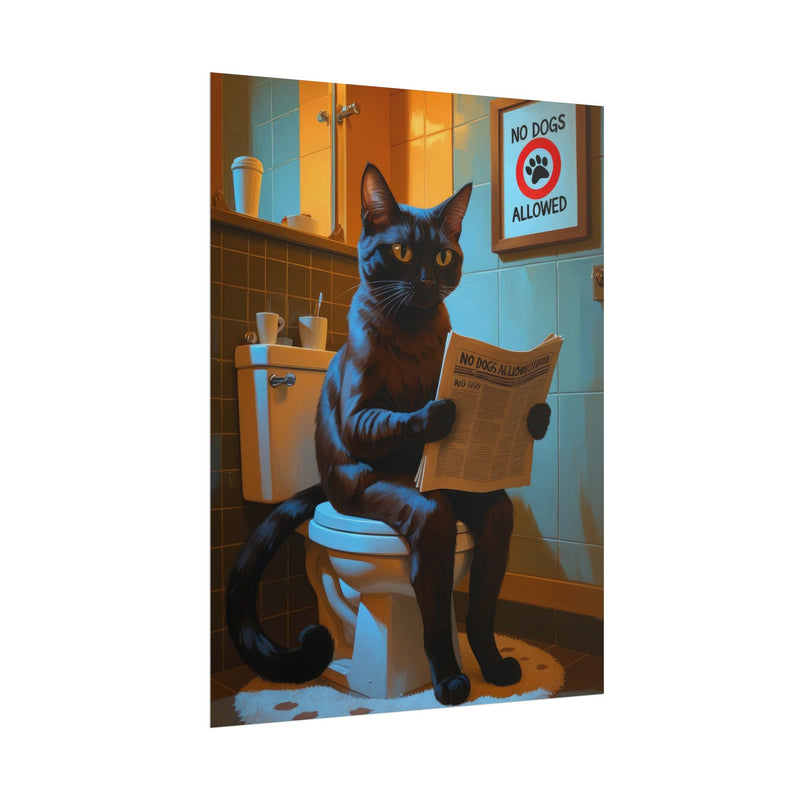 Funny Abyssinian Cat Bathroom Poster – Cat Sitting on Toilet Reading Newspaper | Humorous Cat Wall Art for Bathroom Decor