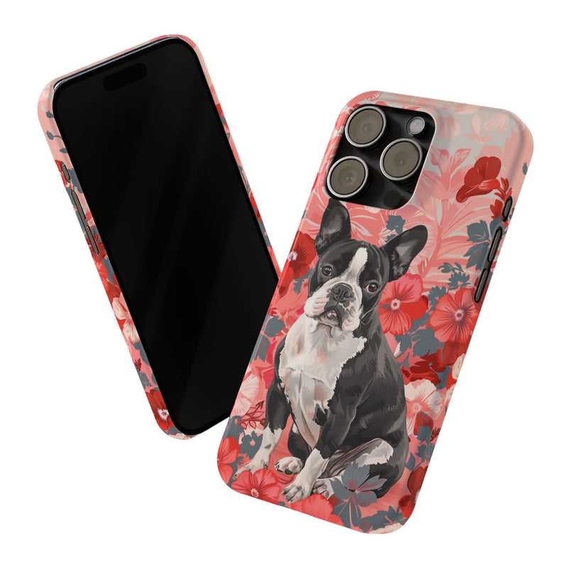 Boston Terrier with Flowers iPhone Slim Phone Cases