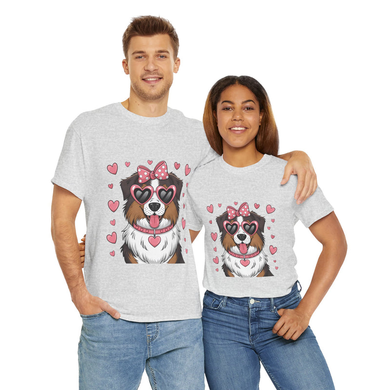 Australian Shepherd with Pink Hearts Valentine's Day Unisex Heavy Cotton Tee