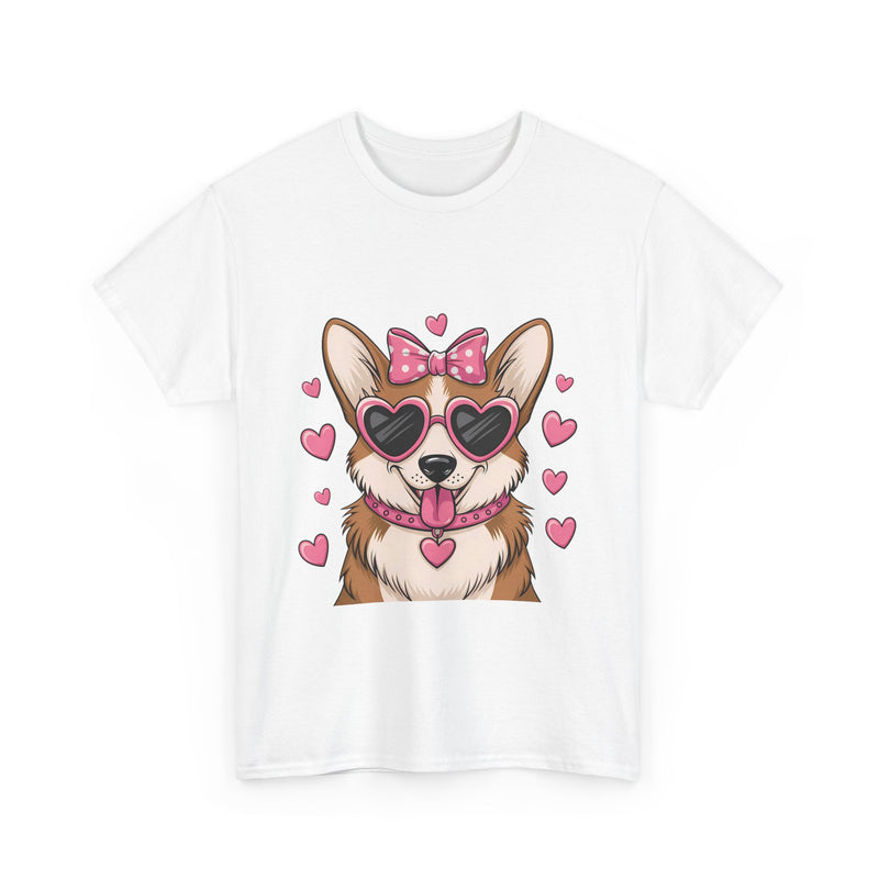 Corgi with Pink Hearts Valentine's Day Unisex Heavy Cotton Tee