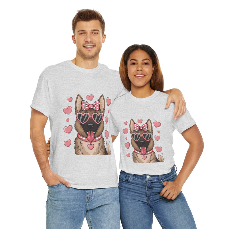 German Shepherd with Pink Hearts Valentine's Day Unisex Heavy Cotton Tee