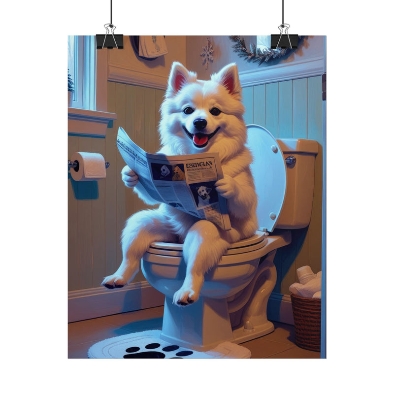 Funny American Eskimo Dog Bathroom Poster – Dog Sitting on Toilet Reading Newspaper | Humorous Dog Wall Art for Bathroom Decor