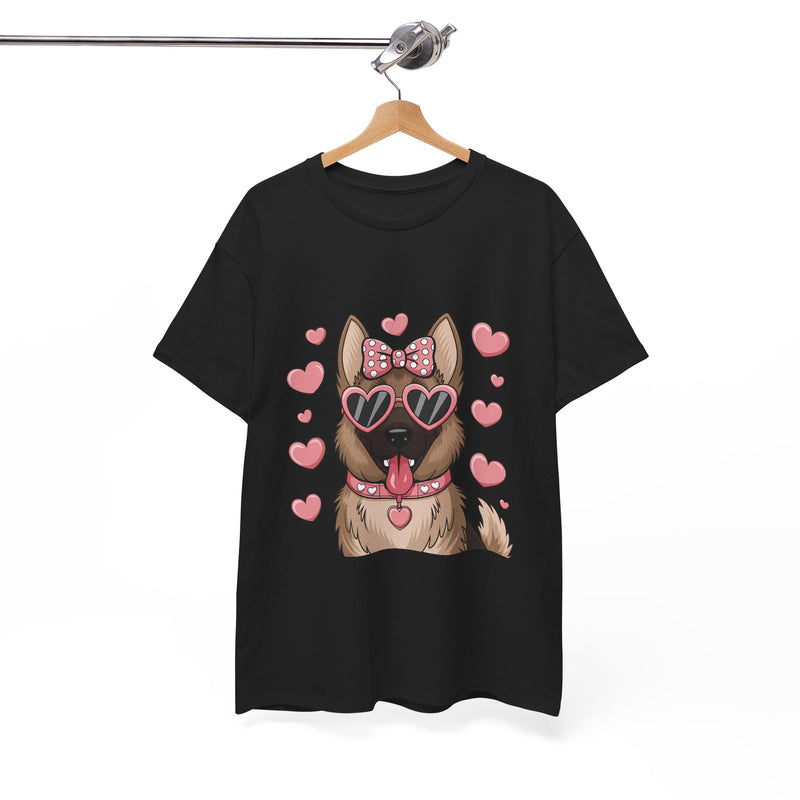 German Shepherd with Pink Hearts Valentine's Day Unisex Heavy Cotton Tee