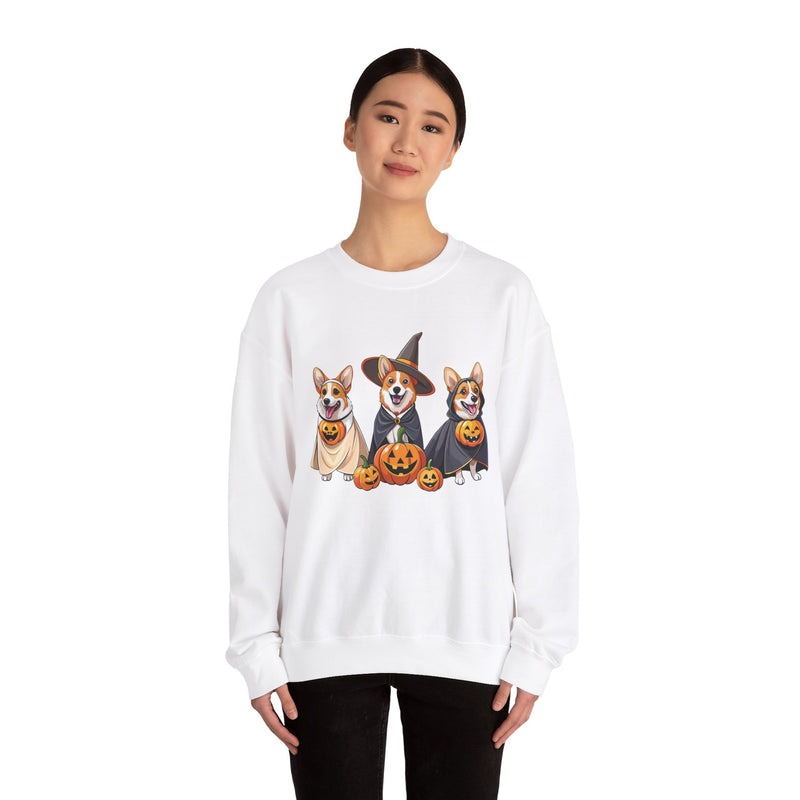 Corgis Halloween Sweatshirt – Three Cute Dogs with Pumpkin Design