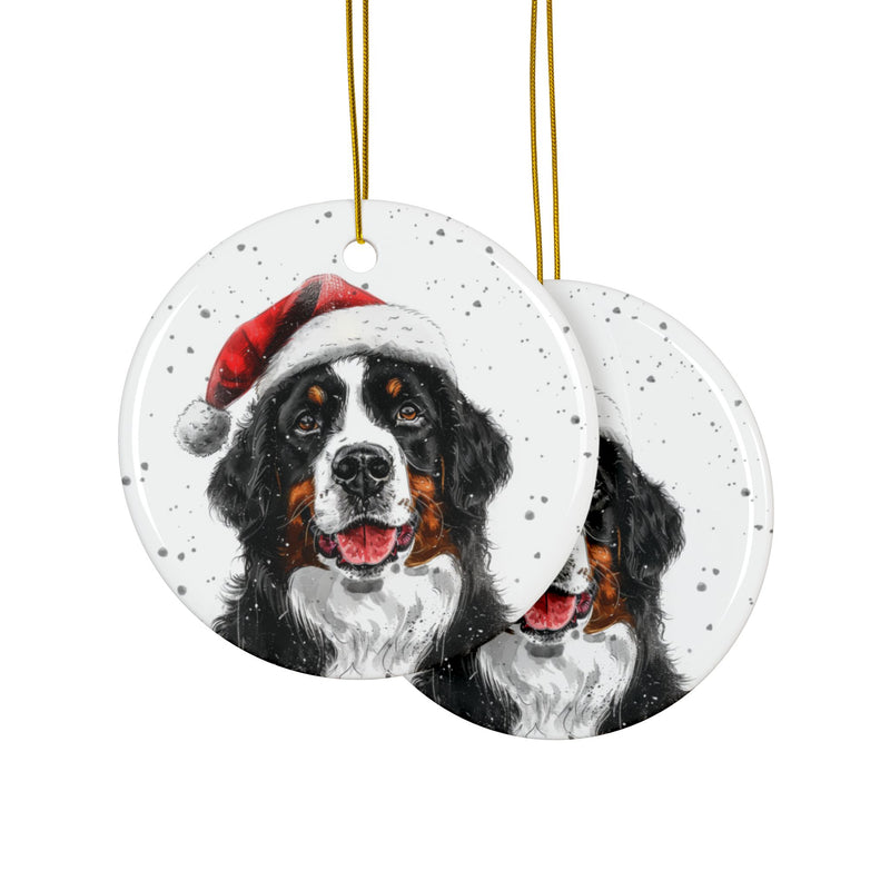 Bernese Mountain with Santa Hat Round Ceramic Christmas Ornament