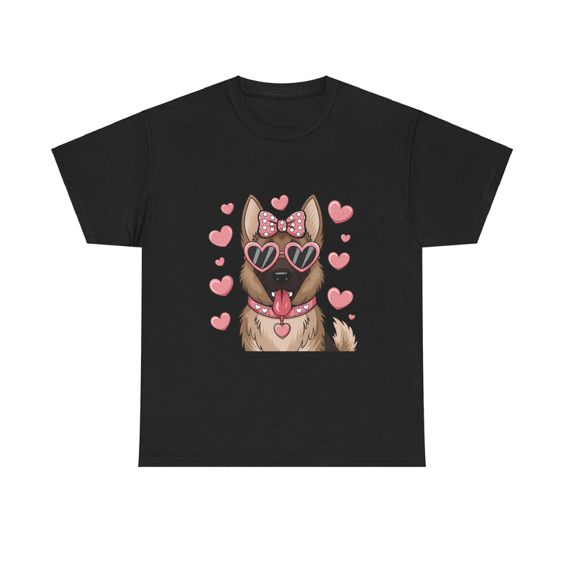 German Shepherd with Pink Hearts Valentine's Day Unisex Heavy Cotton Tee