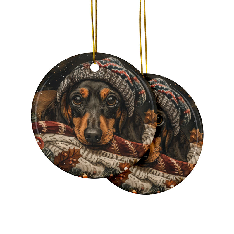 Dachshund Christmas Ornament – 3D Watercolor Holiday Design with Festive Hat, Cozy Scene, Warm Blankets, and Holly Leaves