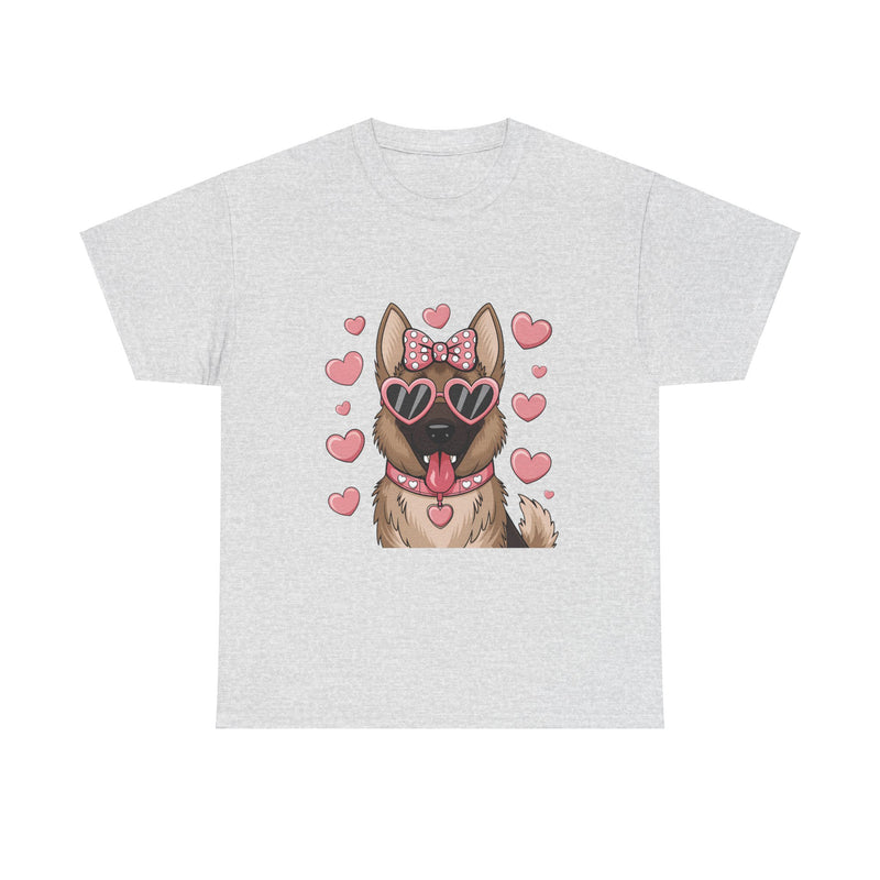 German Shepherd with Pink Hearts Valentine's Day Unisex Heavy Cotton Tee