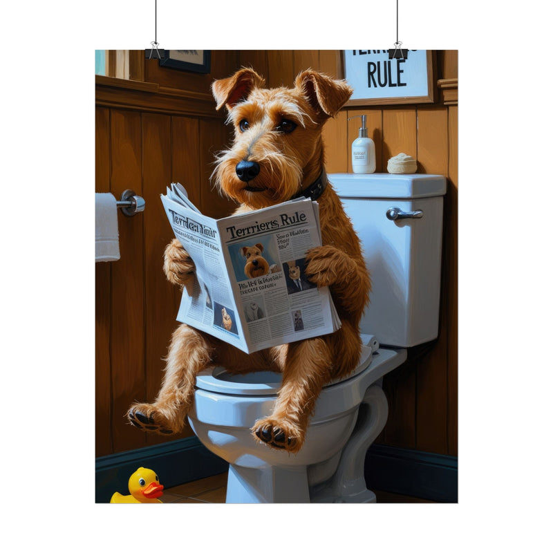 Funny Airedale Terrier Bathroom Poster – Dog Sitting on Toilet Reading Newspaper | Humorous Dog Wall Art for Bathroom Decor