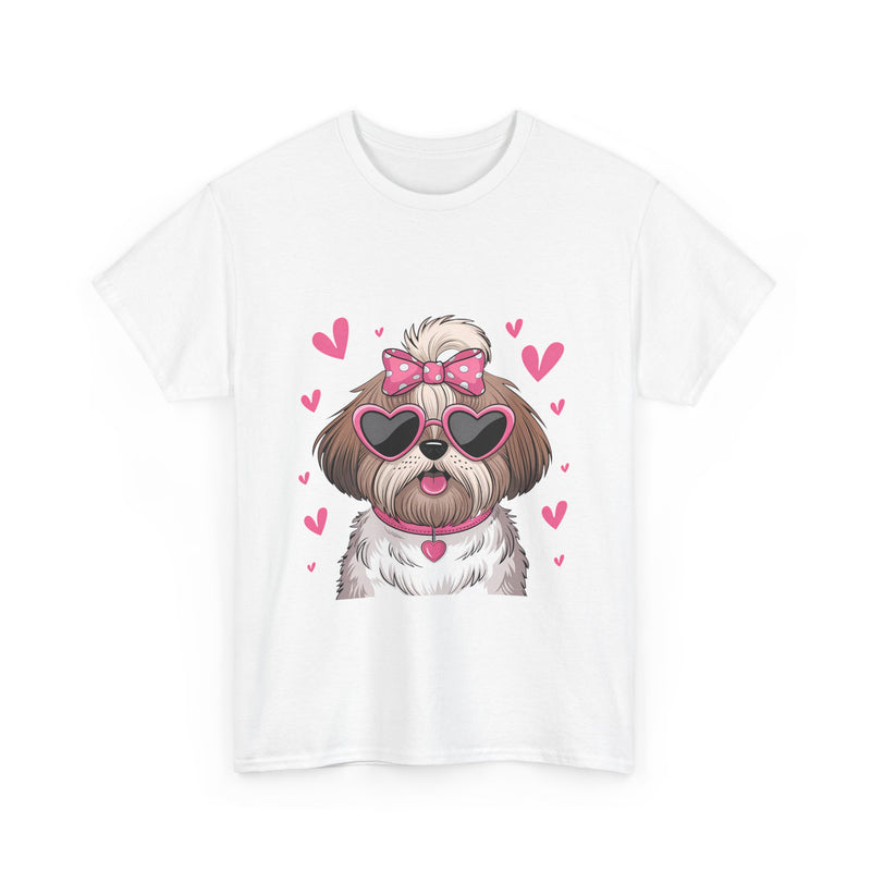 Shih Tzu with Pink Hearts Valentine's Day Unisex Heavy Cotton Tee