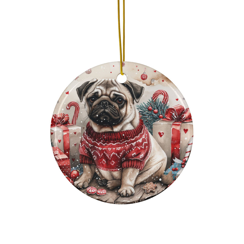 Pug Christmas Ornament – 3D Watercolor Holiday Design with Christmas Sweater, Presents, Candy Canes, and Gingerbread Cookies