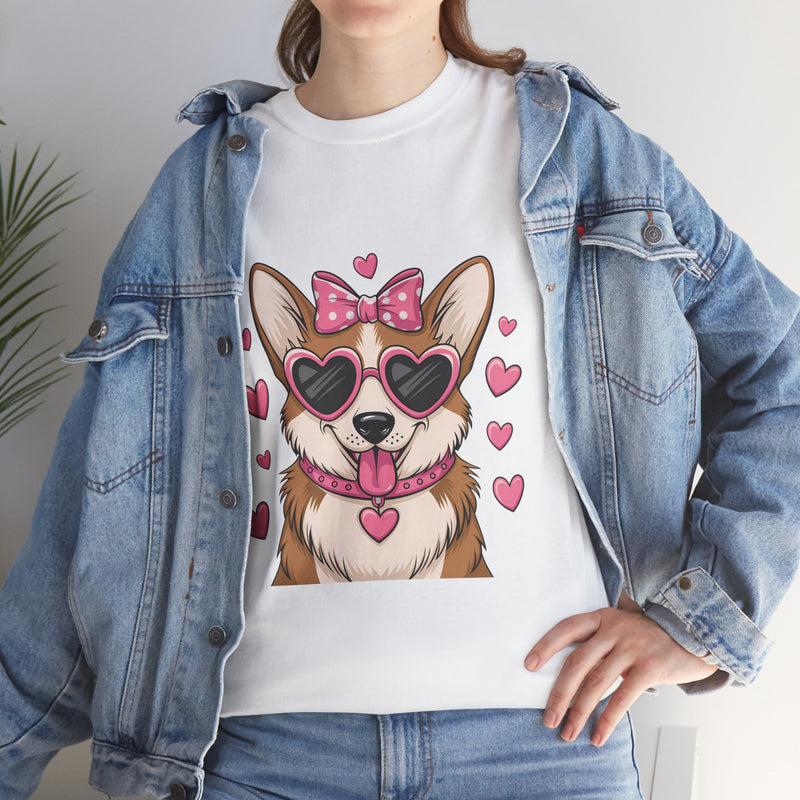 Corgi with Pink Hearts Valentine's Day Unisex Heavy Cotton Tee