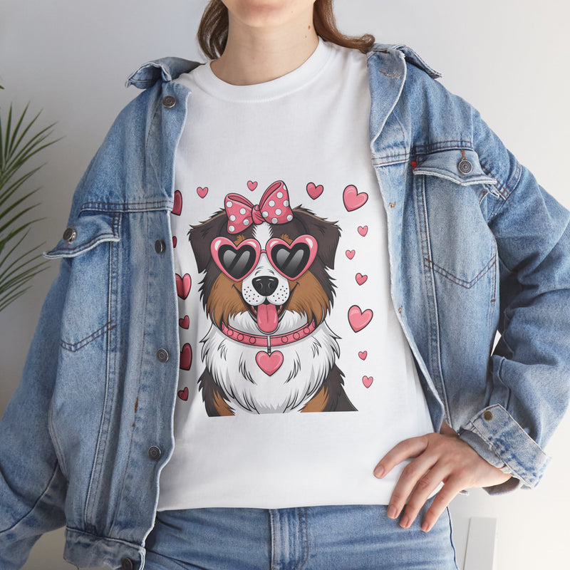 Australian Shepherd with Pink Hearts Valentine's Day Unisex Heavy Cotton Tee