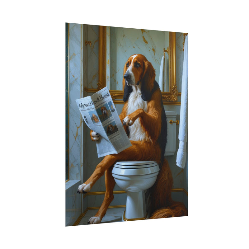 Funny Afghan Hound Bathroom Poster – Dog Sitting on Toilet Reading Newspaper | Humorous Dog Wall Art for Bathroom Decor