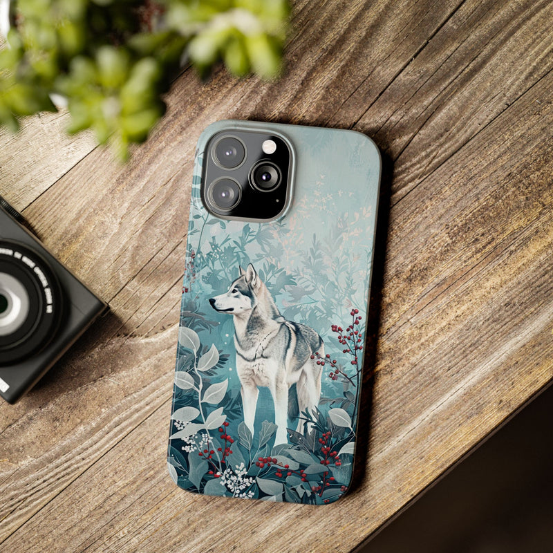 Siberian Husky with Flowers Slim iPhone Cases