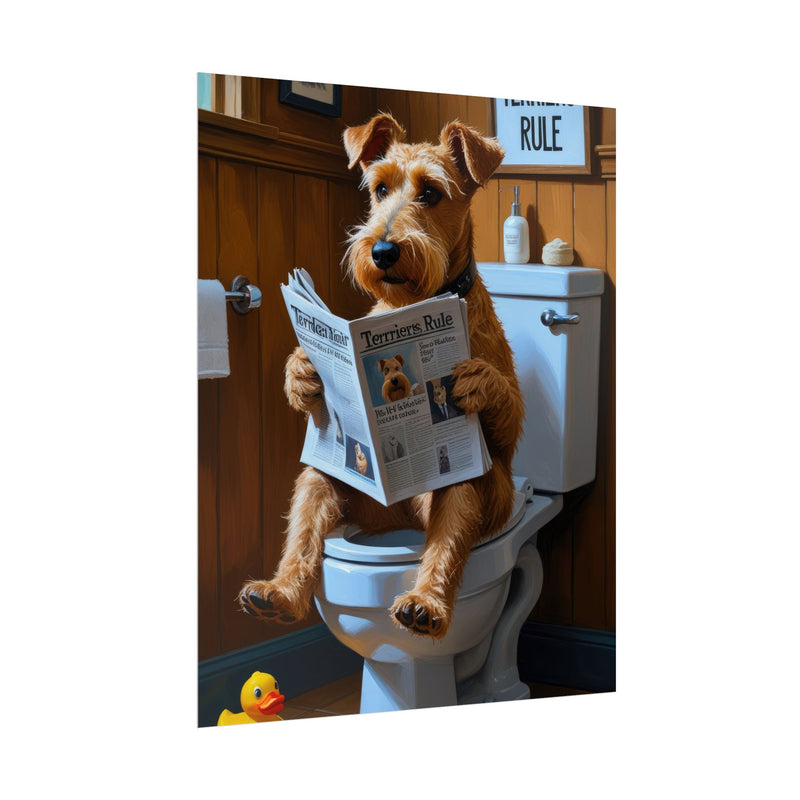 Funny Airedale Terrier Bathroom Poster – Dog Sitting on Toilet Reading Newspaper | Humorous Dog Wall Art for Bathroom Decor