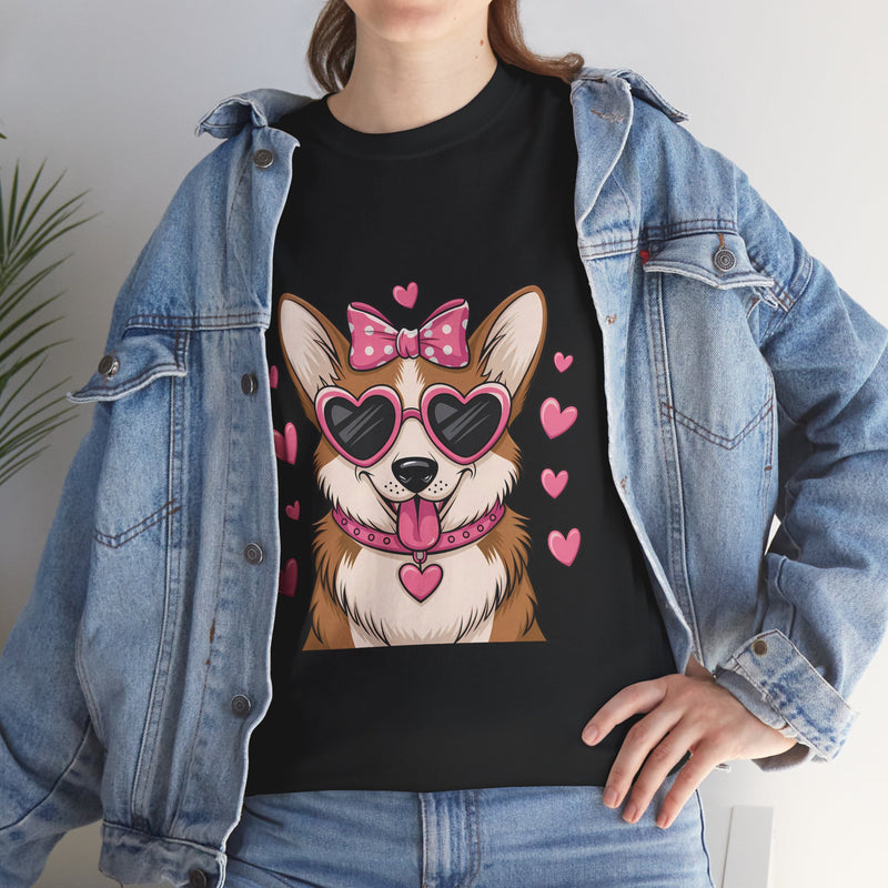 Corgi with Pink Hearts Valentine's Day Unisex Heavy Cotton Tee